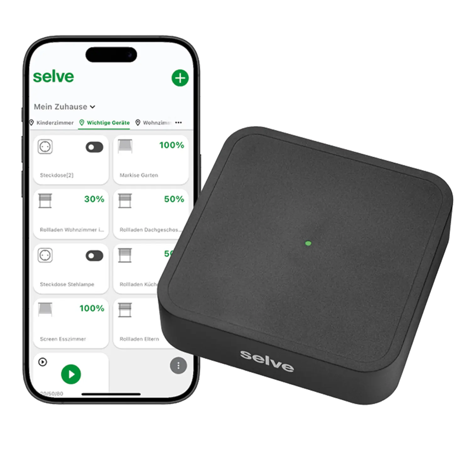 Produktbild SELVE Home Server 3 und Smartphone mit der SELVE Home 3 App